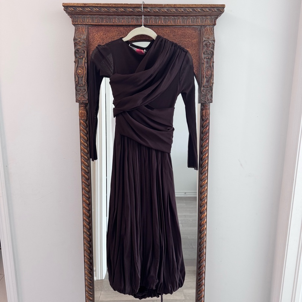 PHILOSOPHY DI LORENZO SERAFINI Draped stretch tulle dress Brown Long Sleeve US2 - Picture 3 of 10